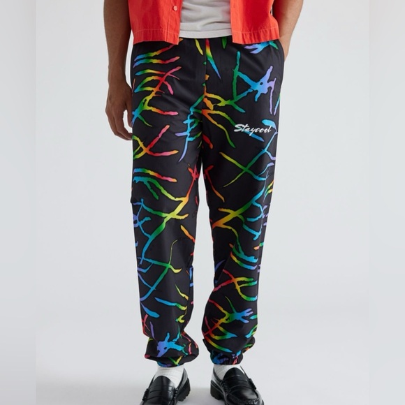 STAYCOOLNYC Electric Beach Printed Windbreaker Unisex Black Pants Size S…